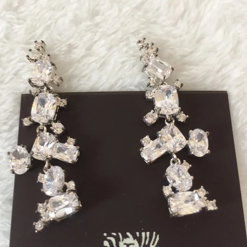 ANNE KLEIN Long Dangling Crystal Link Silver Tone